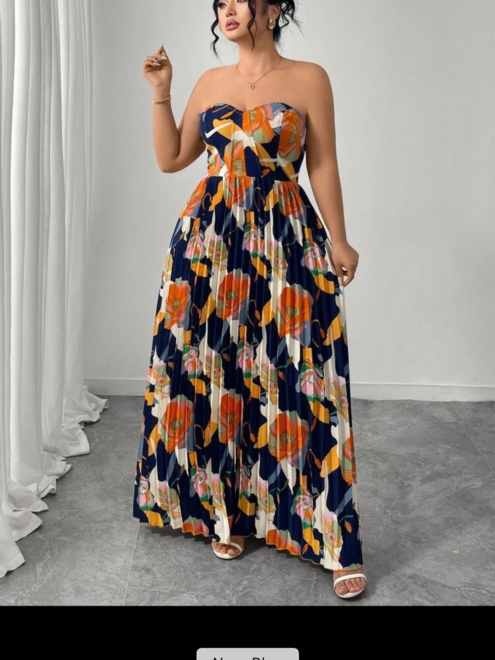 SHEIN Navy Strapless Pleated Floral Maxi Dress